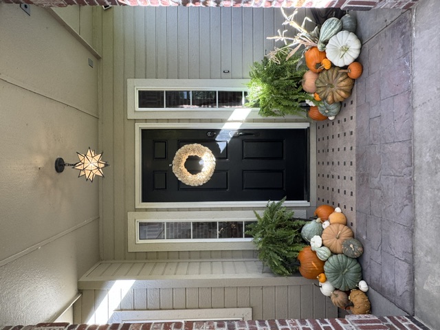 Front steps lined with pumpkins and a barrel of dried grasses