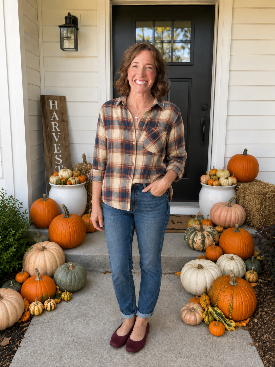 Owner of Edelweiss Porch Co. surrounded by fall pumpkins and mums