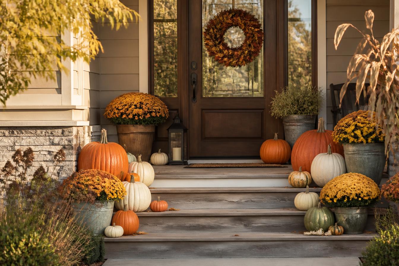 A beautifully decorated fall front porch with pumpkins and autumn mums